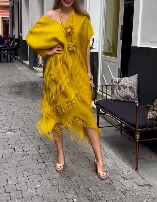 Solid-Color Fringe Dress