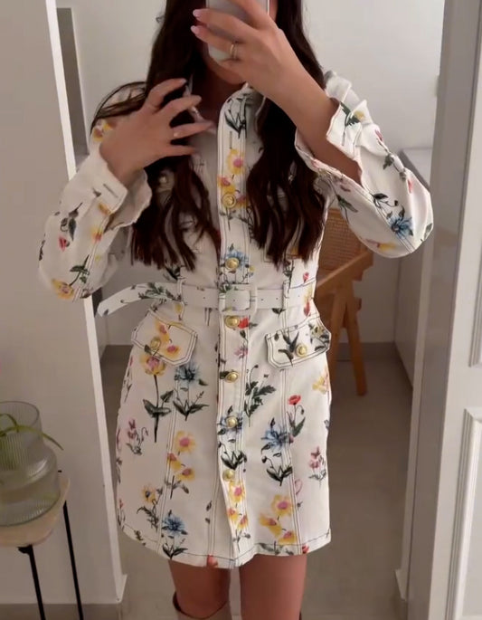 Floral Printing Shirt Mini Dress