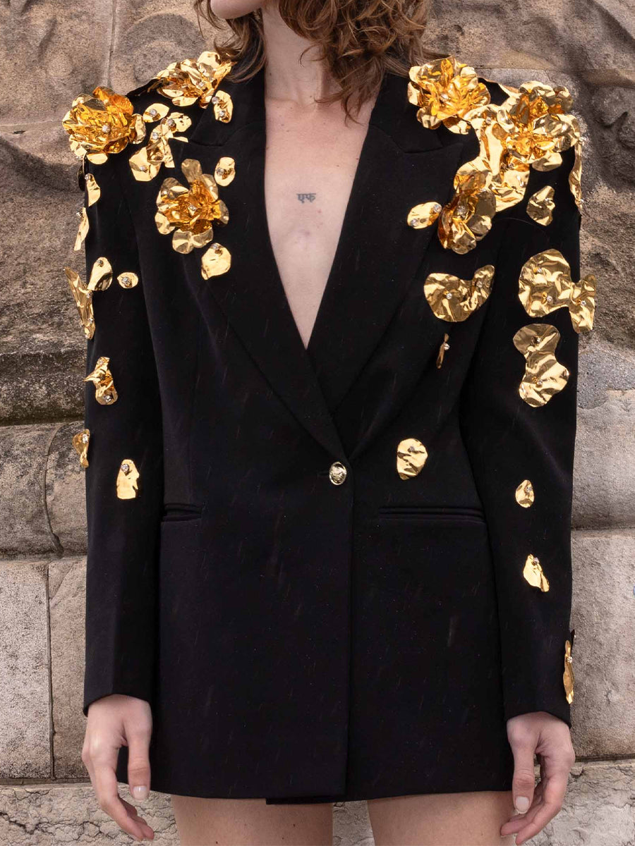Gold Metal Flowers Long Sleeve Blazer
