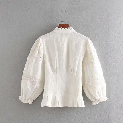 White Lace Shirt with Floral Embroidery