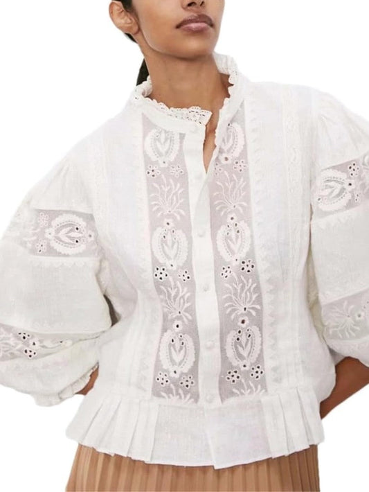 White Lace Shirt with Floral Embroidery
