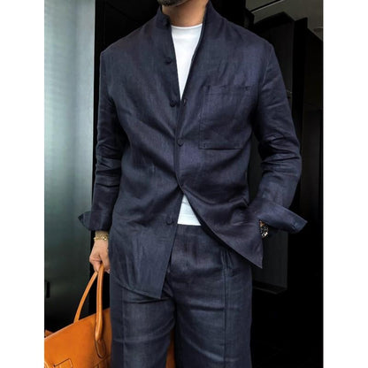 Linen Stand-Up Collar Shirt And Pants Two-Piece Set