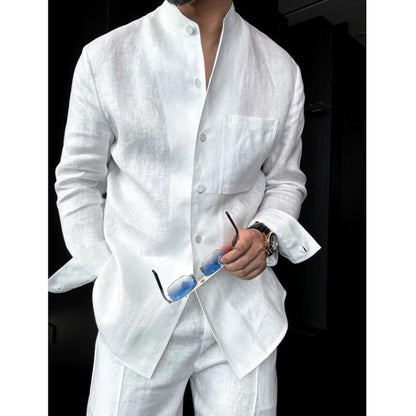 Linen Stand-Up Collar Shirt And Pants Two-Piece Set