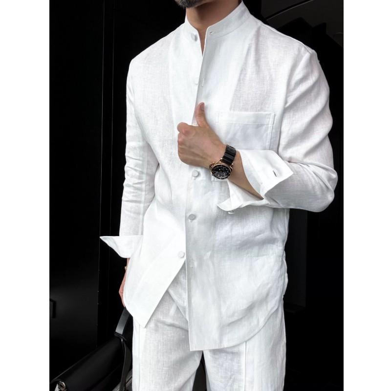 Linen Stand-Up Collar Shirt And Pants Two-Piece Set