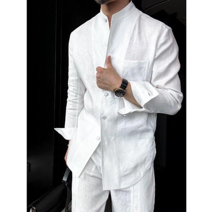 Linen Stand-Up Collar Shirt And Pants Two-Piece Set