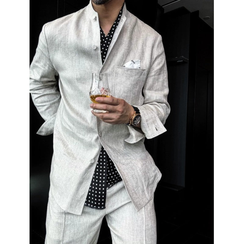 Linen Stand-Up Collar Shirt And Pants Two-Piece Set