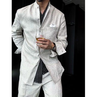 Linen Stand-Up Collar Shirt And Pants Two-Piece Set