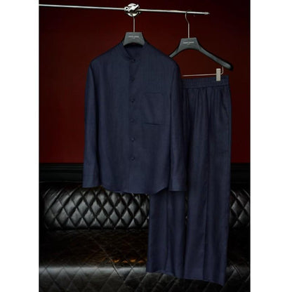 Linen Stand-Up Collar Shirt And Pants Two-Piece Set
