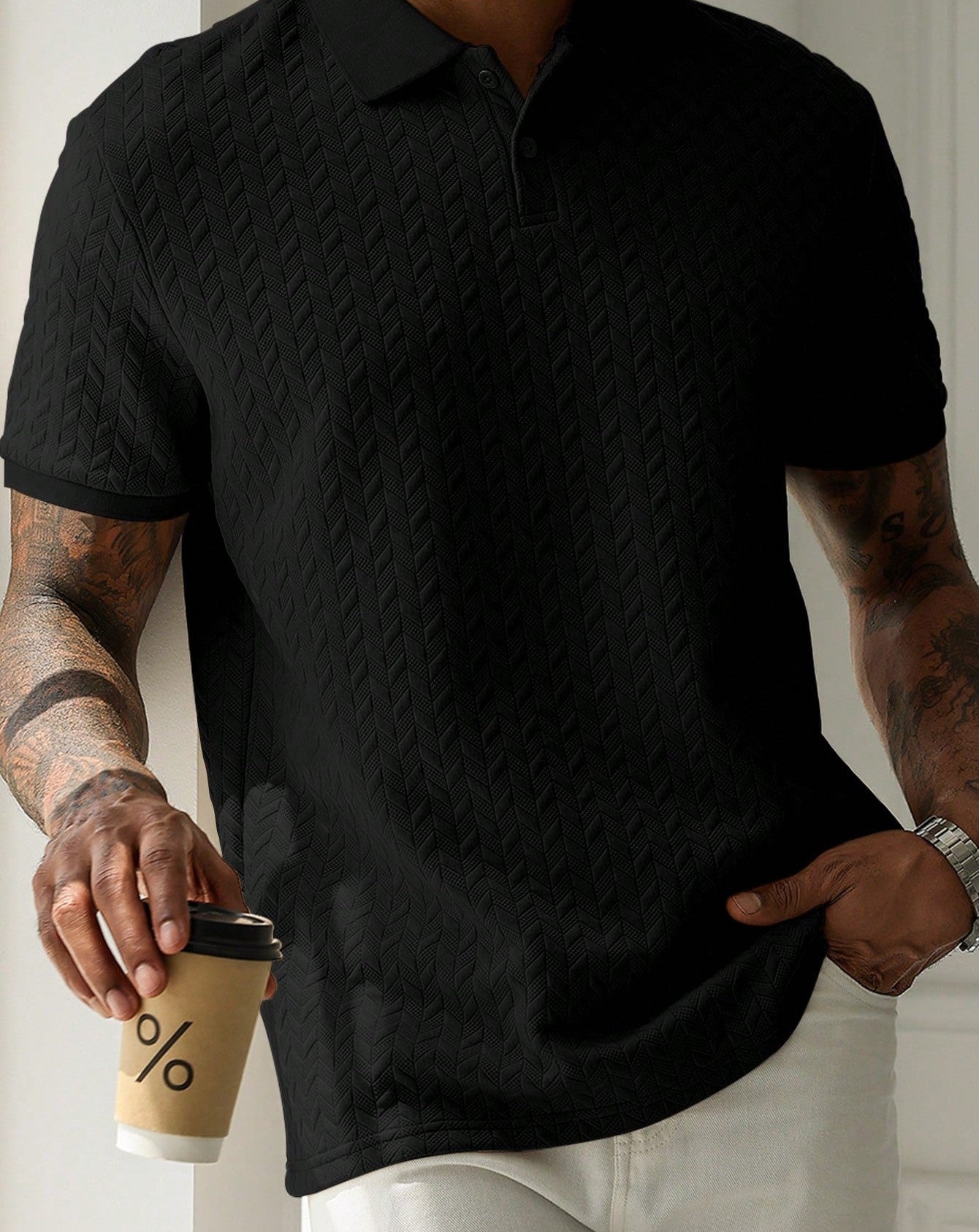 Men's Geometric Diamond-Textured Jacquard Knit Short-Sleeve Polo Shirt