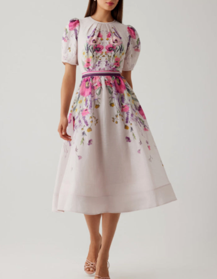 Silk Linen Puff Sleeve Dress
