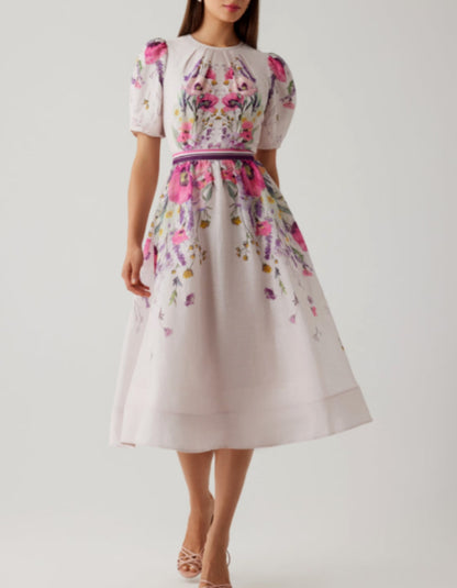 Silk Linen Puff Sleeve Dress