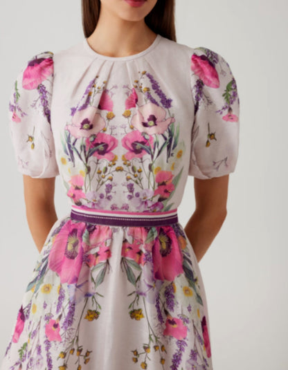 Silk Linen Puff Sleeve Dress