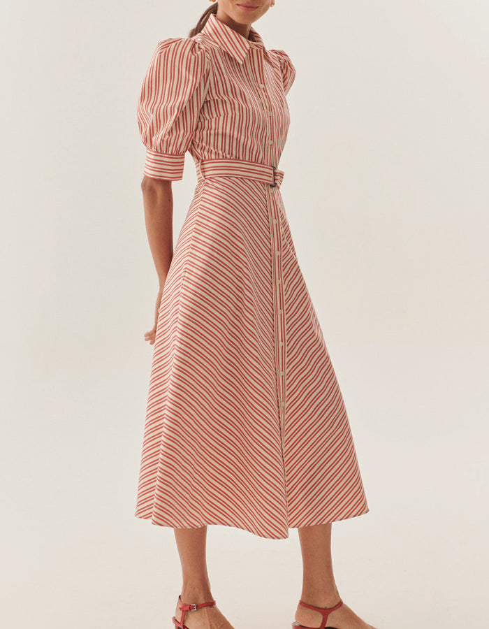 Red Shirt Collar Midi Dress