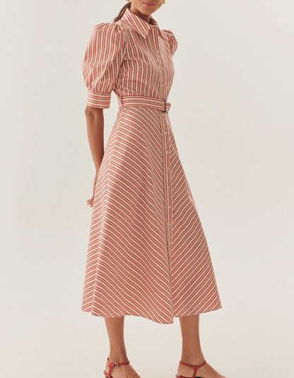 Red Shirt Collar Midi Dress