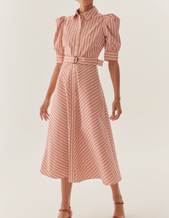 Red Shirt Collar Midi Dress