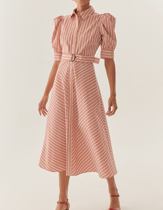 Red Shirt Collar Midi Dress