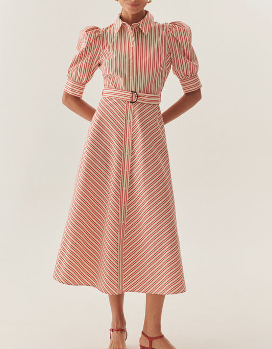 Red Shirt Collar Midi Dress