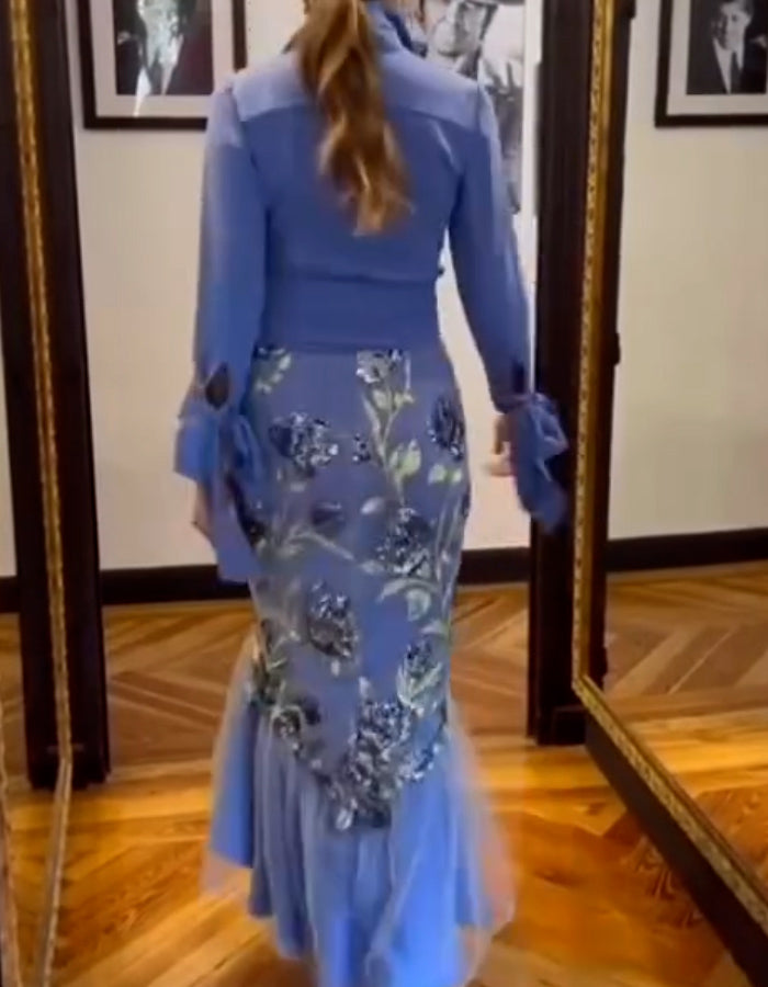 Blue Embroidered Fishtail Dress