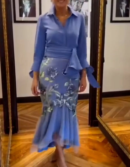 Blue Embroidered Fishtail Dress