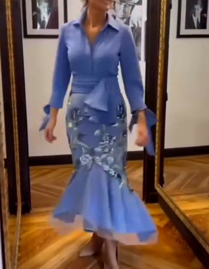 Blue Embroidered Fishtail Dress