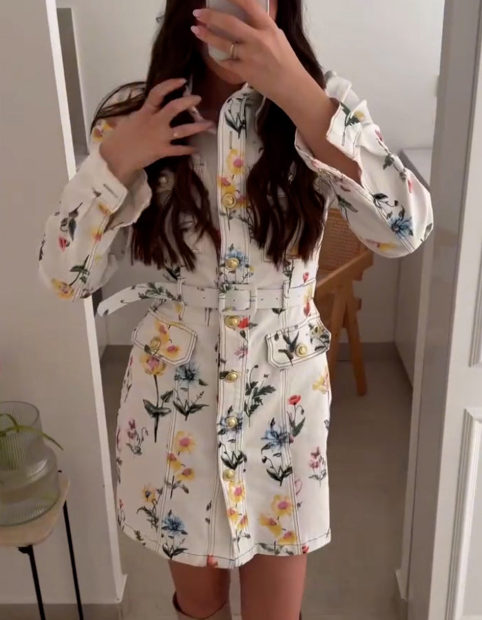 Floral Printing Shirt Mini Dress