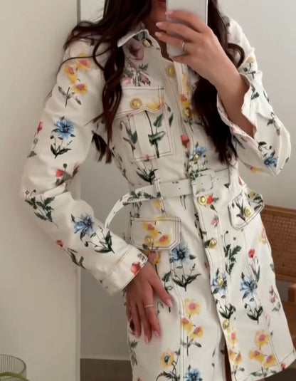 Floral Printing Shirt Mini Dress