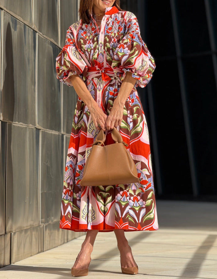 Print Puff-Sleeves Loose Dress
