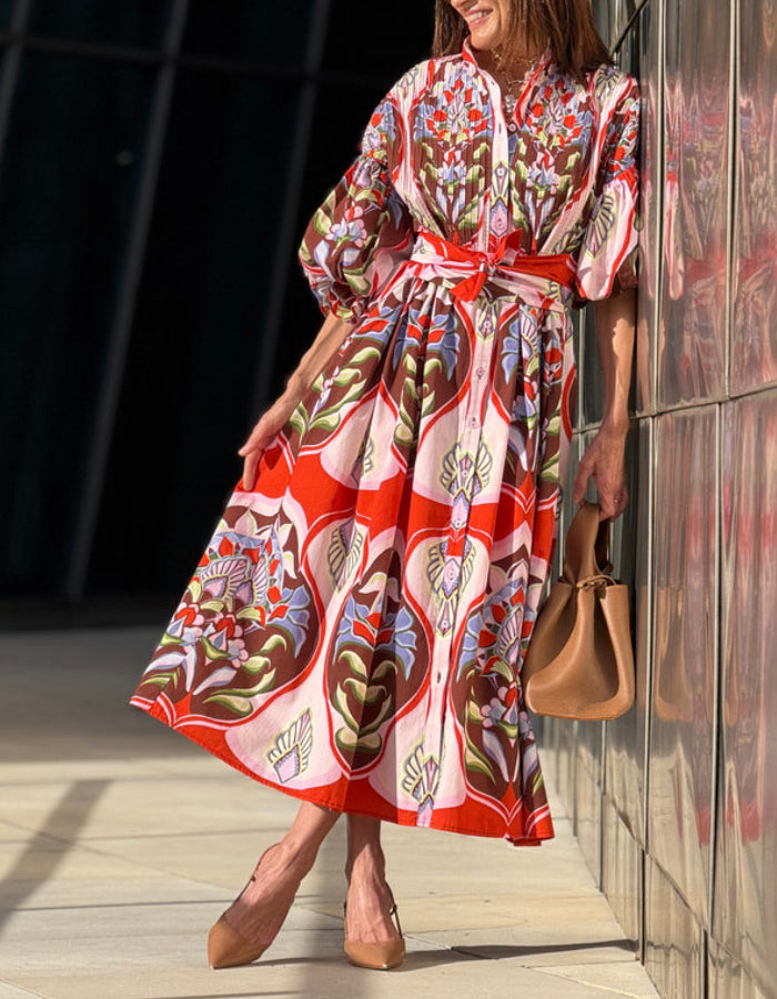 Print Puff-Sleeves Loose Dress