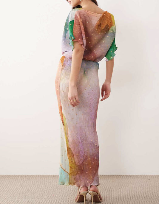 Plisse Off-Shoulder Gold Foil Maxi Dress