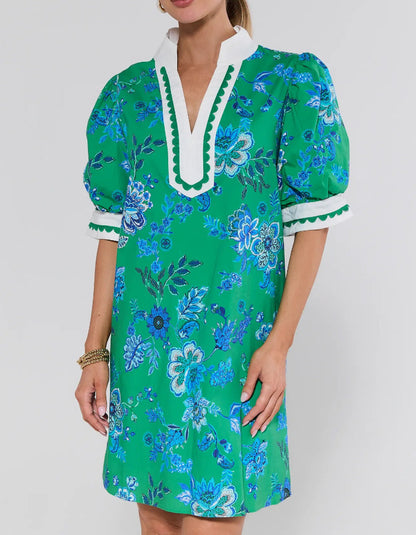 Green Floral Print Short Dress
