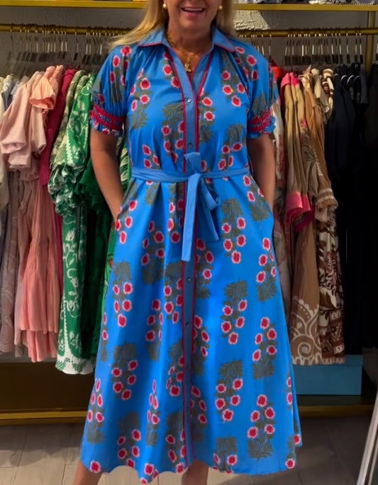 Blue Belt Printing Dress