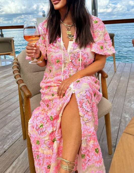 Pink Embroidered Maxi Dress