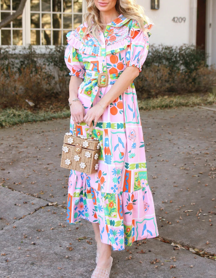 Floral Frame Belted Maxi Dress
