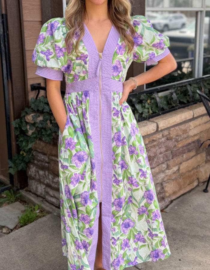 Floral Print Zip Front Midi Dress