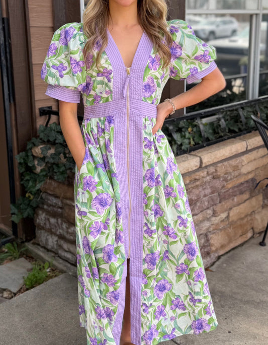 Floral Print Zip Front Midi Dress