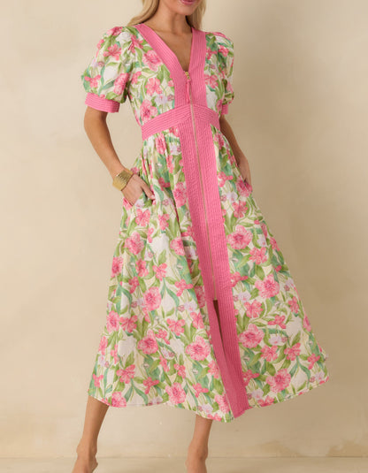 Floral Print Zip Front Midi Dress