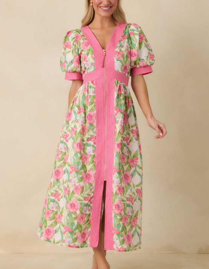 Floral Print Zip Front Midi Dress