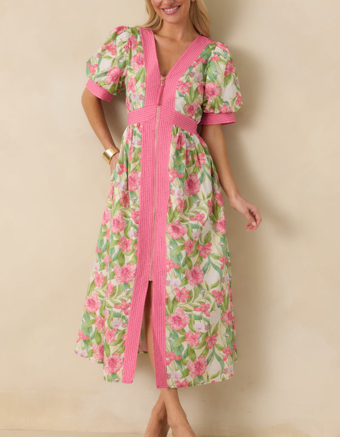 Floral Print Zip Front Midi Dress