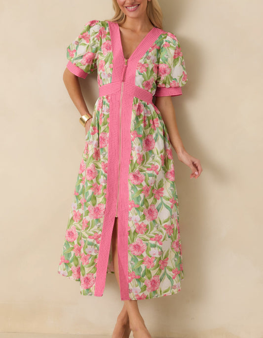 Floral Print Zip Front Midi Dress