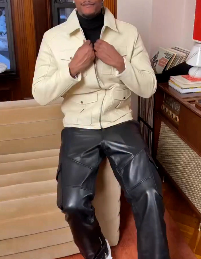 Solid-Color Leather Jacket