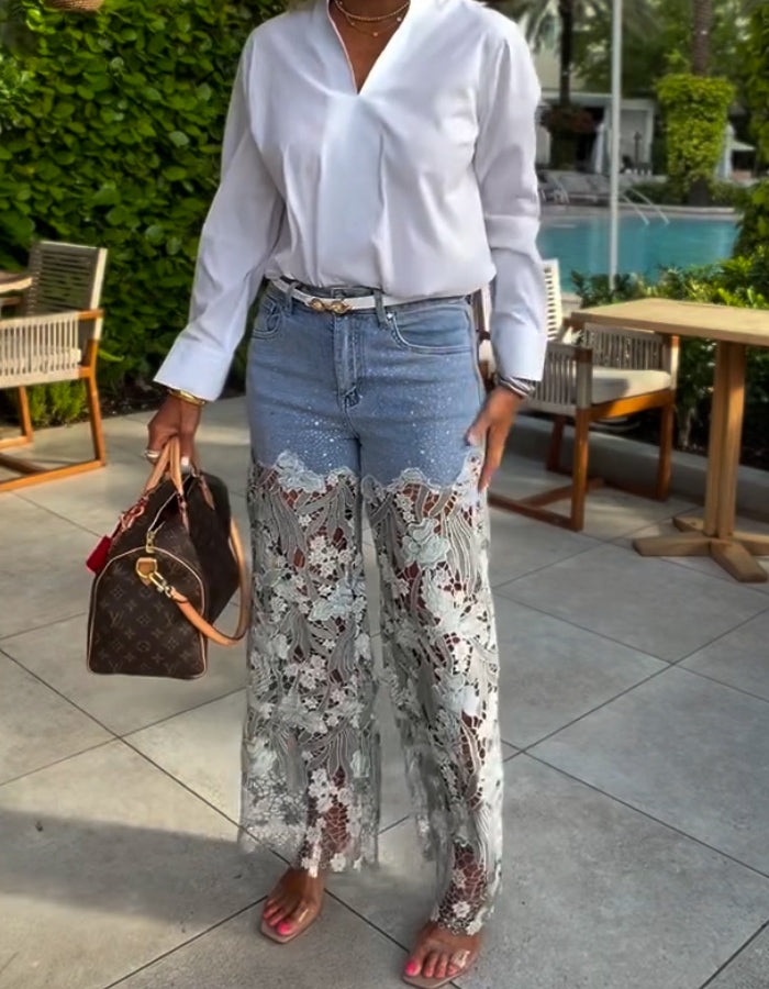 Denim Lace Casual Pants