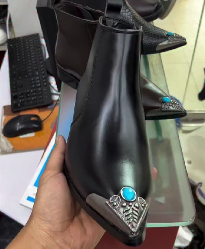 Italian Black Pointed Nose Chelsea With Blue Stone