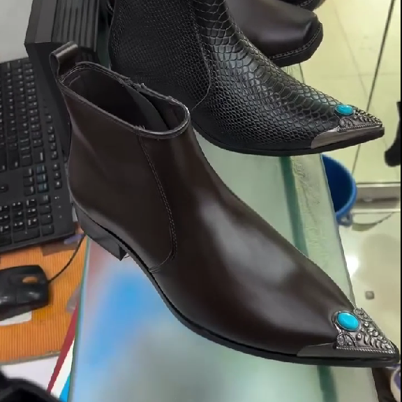 Italian Black Pointed Nose Chelsea With Blue Stone