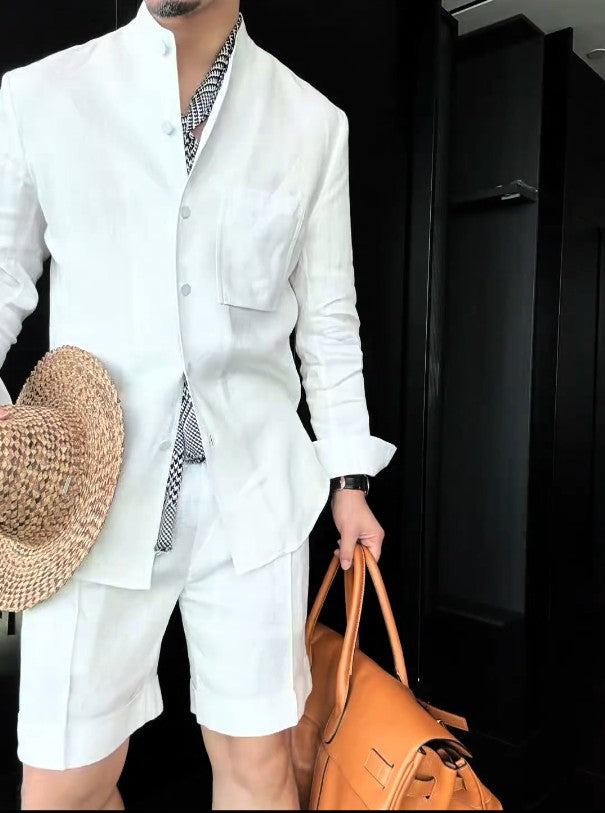 Premium Linen Mandarin Collar 2-Piece Suit
