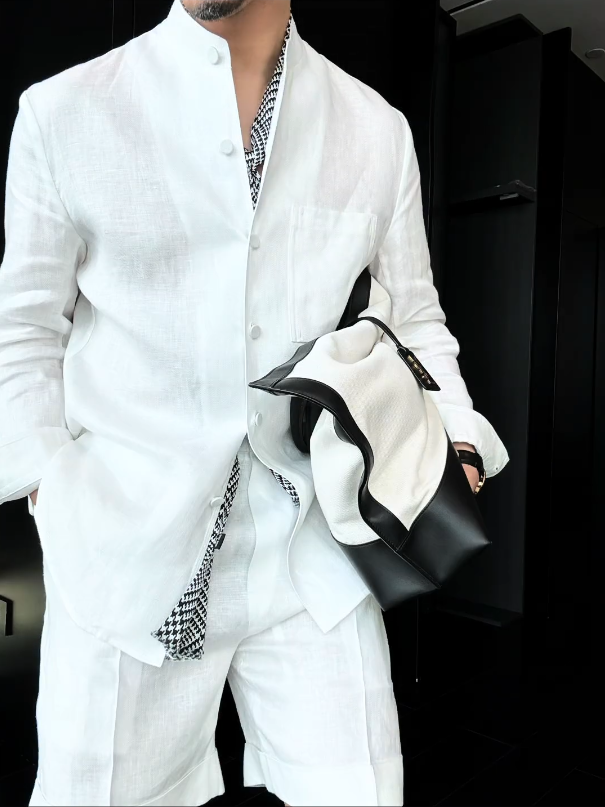 Premium Linen Mandarin Collar 2-Piece Suit