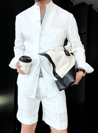 Premium Linen Mandarin Collar 2-Piece Suit