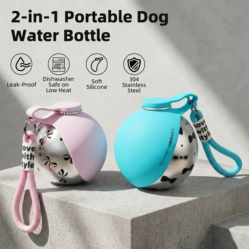 2-in-1 Portable Dog Water Bottle — Leak-Proof Stainless Steel Travel Bottle with Food Compartment for All Breeds