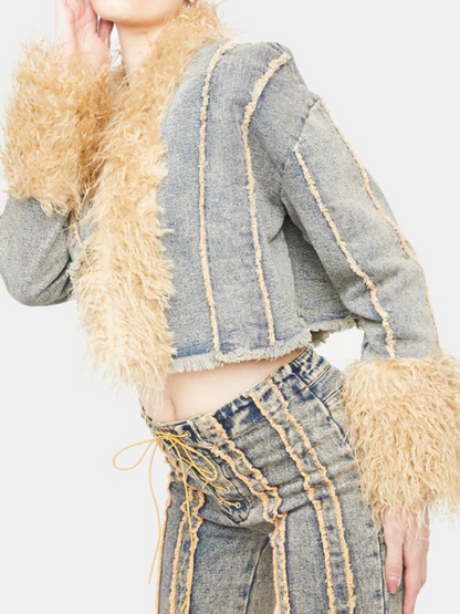 Contrast Faux Fur-Trim Short Coat