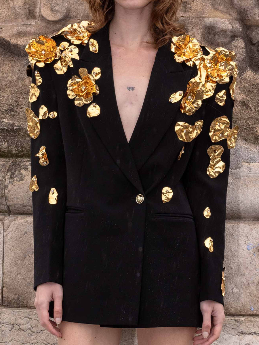 Gold Metal Flowers Long Sleeve Blazer
