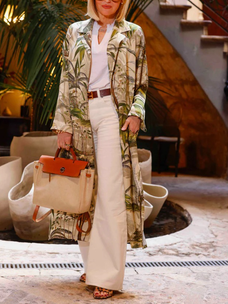 Tropical Palm Print Longline Duster Coat